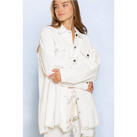 POL Jackets & Blazers - POL White Corduroy Distressed Hem Long Boyfriend Jacket